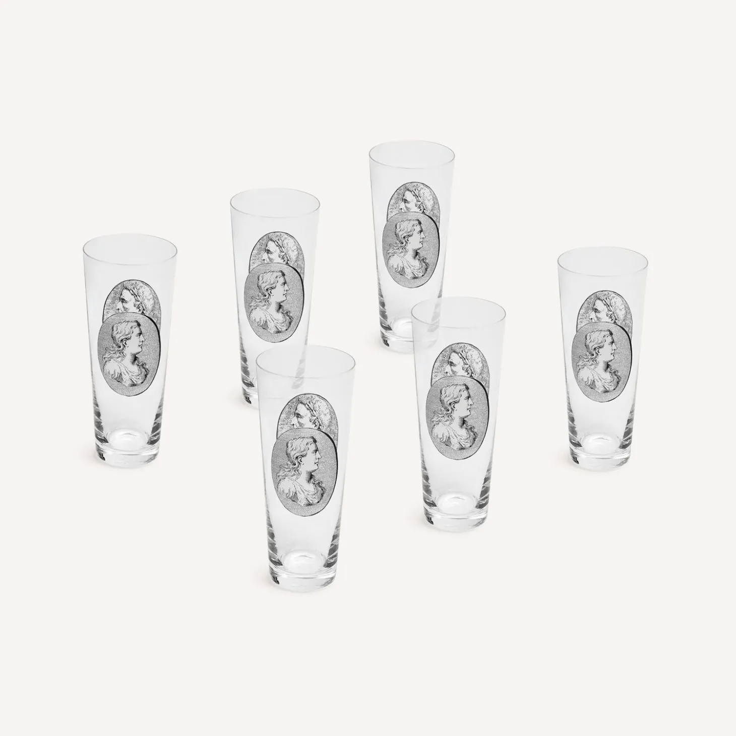 set__bicchieri_soda_camme_1.webp Fornasetti Set 6 Bicchieri Soda Cammei^ Bicchieri E Sottobicchieri