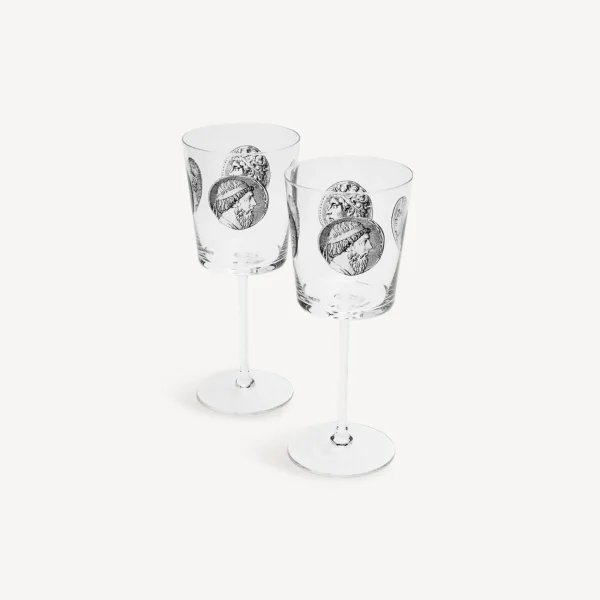 Fornasetti Set 2 Calici Vino Cammei^ Bicchieri E Sottobicchieri